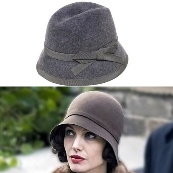 VINTAGE 90s Gray Wool Felt Bow Cloche Winter Hat - Picture 1 of 6